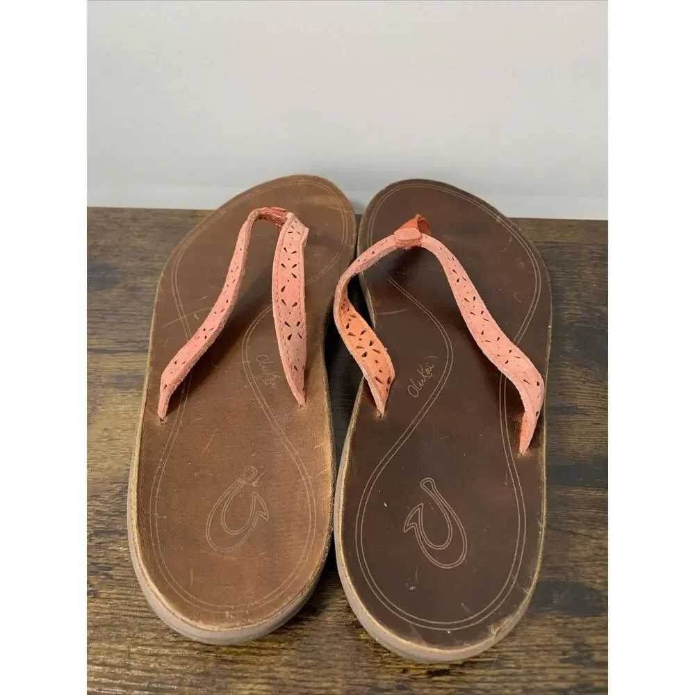 OluKai Puka Flip Flops Thong Sandals Pink/Coral Leather Women's 8 ~ Beach/Summer
